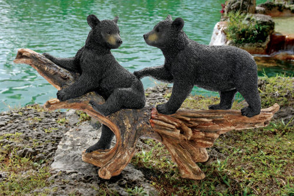 Mischievous Bear Cubs Sculpture Wildlife Garden Climbing on Branch Art